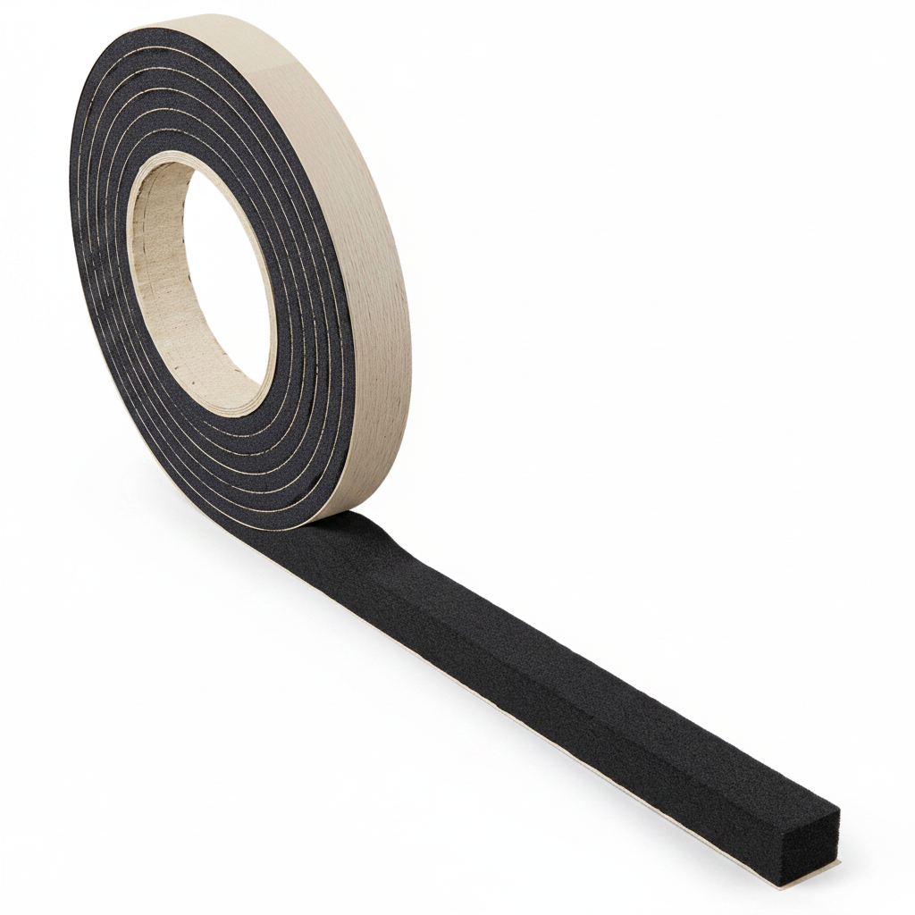 Roll of black foam compression sealing tape with cream backing, partially unrolled