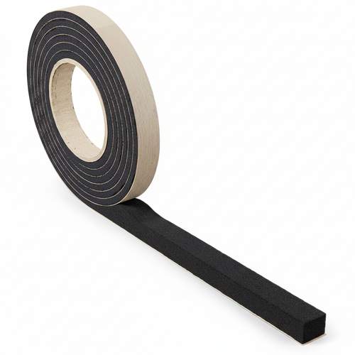 Roll of black foam compression sealing tape with cream backing, partially unrolled