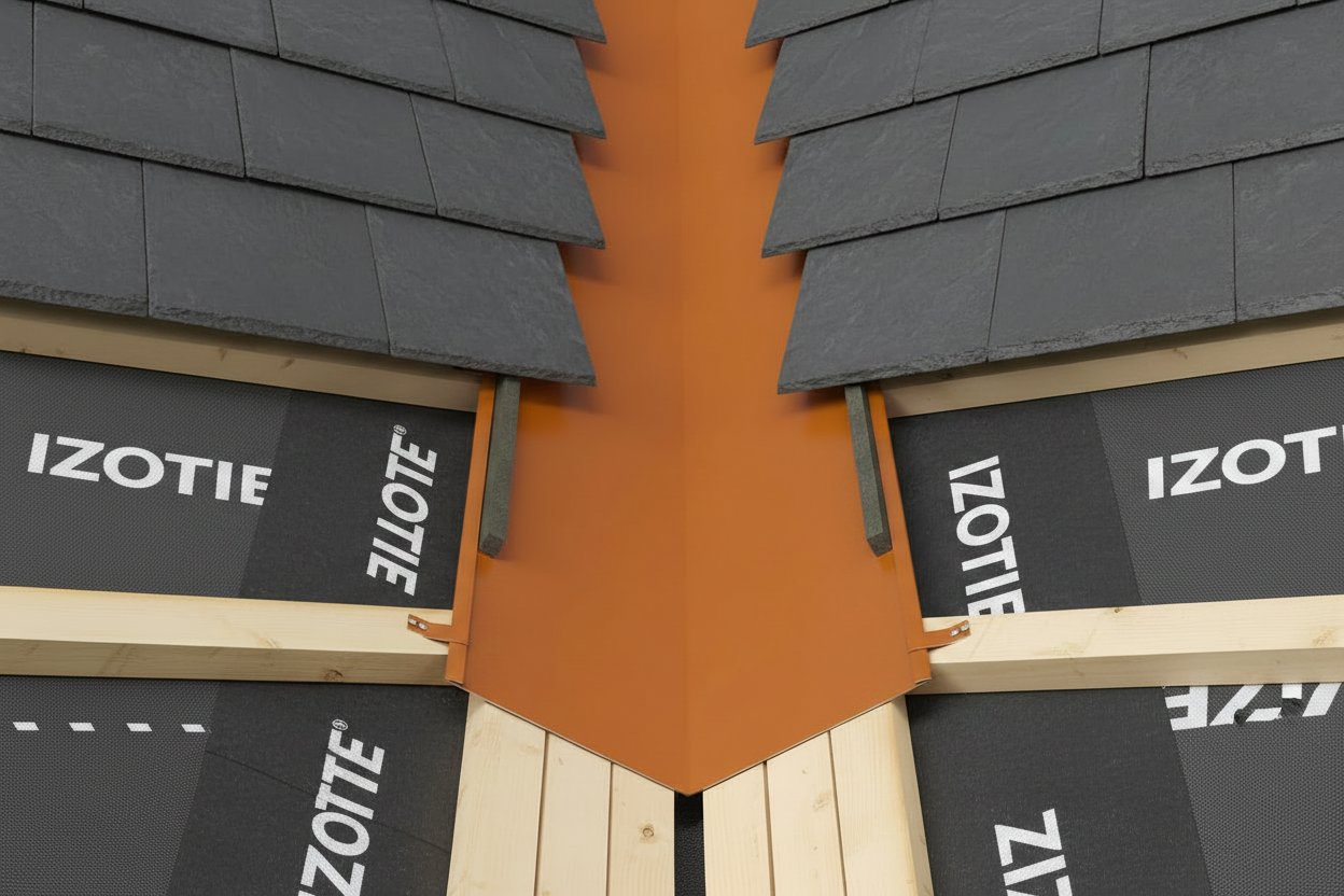 Roof construction detail with black IZOTITE membrane and black slate tiles