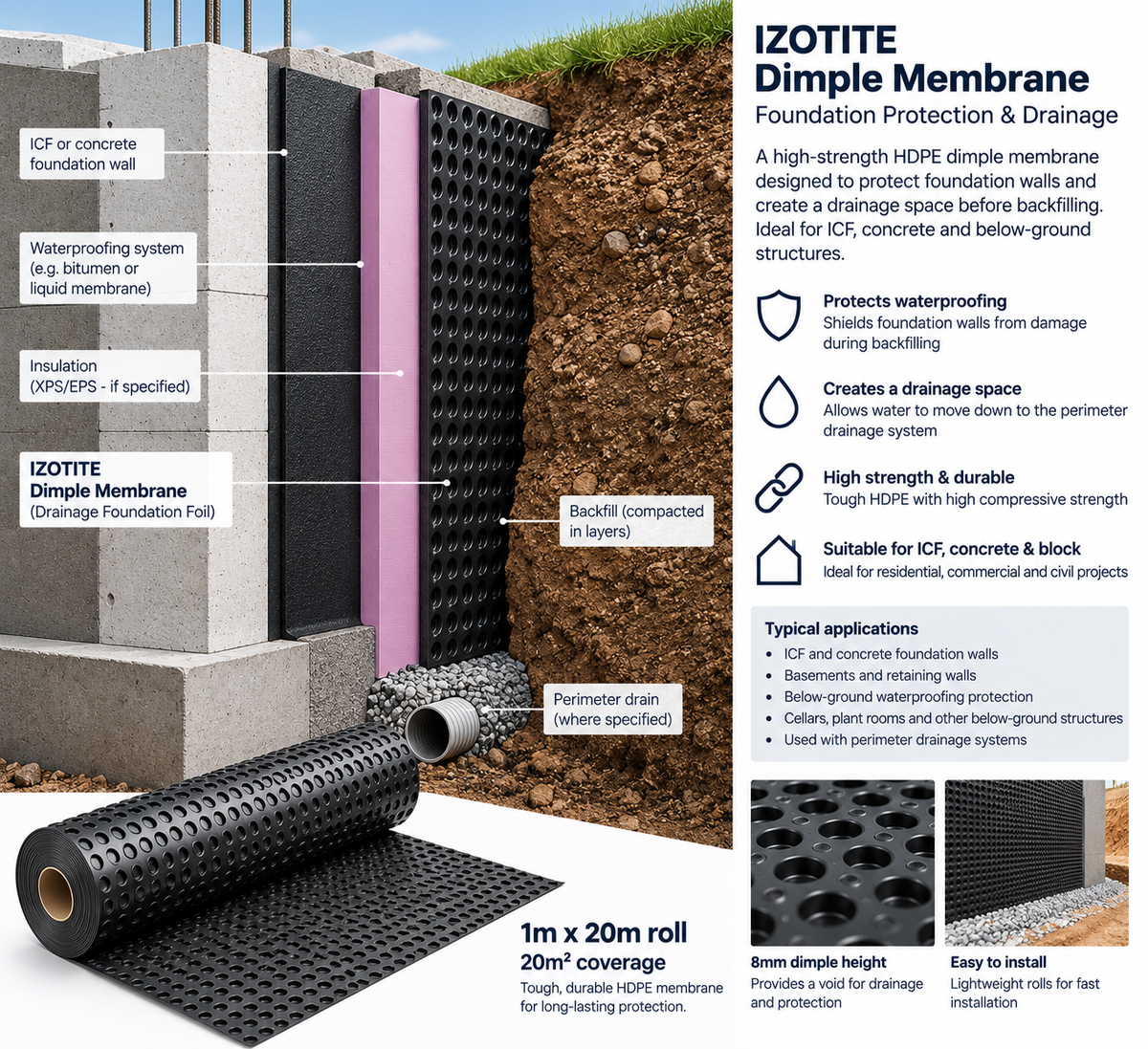 IZOTITE GEO 8 dimple membrane foundation protection and drainage application
