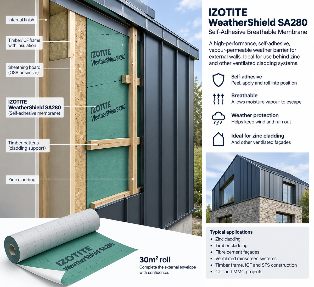 IZOTITE WeatherShield SA280 self-adhesive breathable membrane behind zinc cladding